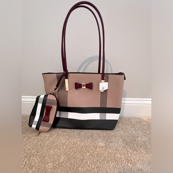 Handbags - Two Piece Burgundy Bow and Plaid Tote Bag set for Women